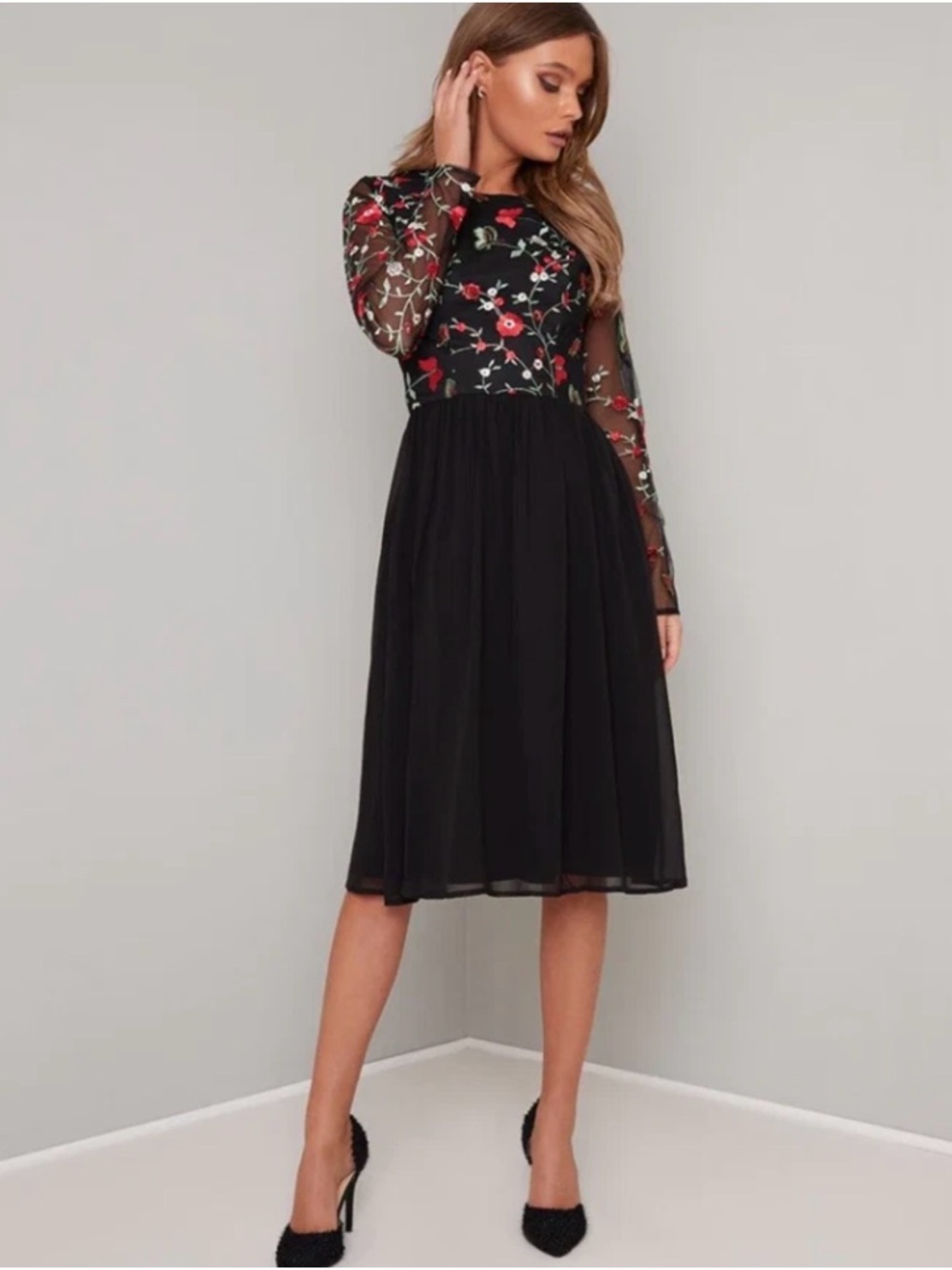Chi Chi London Branwen Black Floral Midi Dress Goth Whimsigoth Romancore